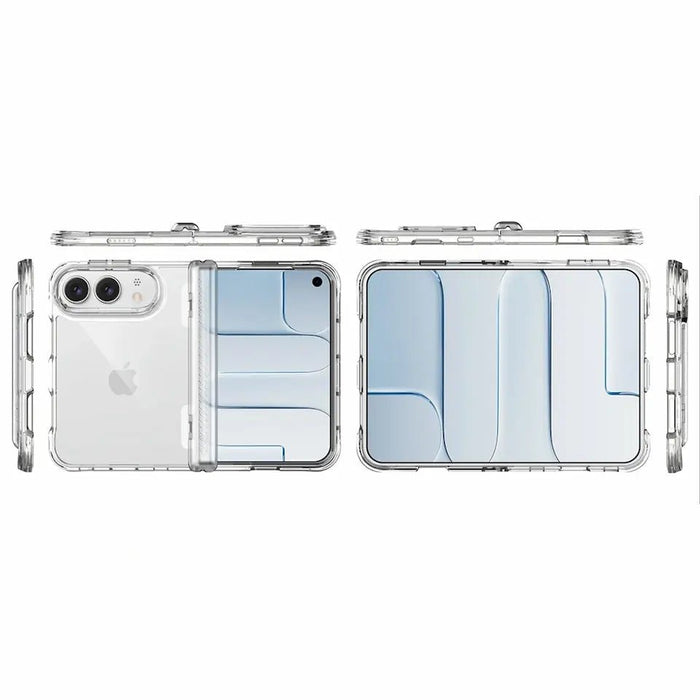 Clear iPhone Duo case shown folded and open with side and edge views