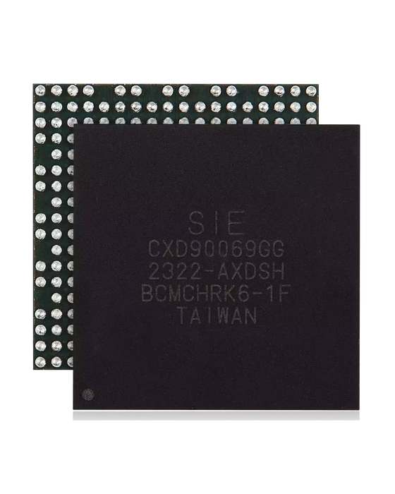 Front and BGA underside views of the CXD90069GG PS5 southbridge IC chip