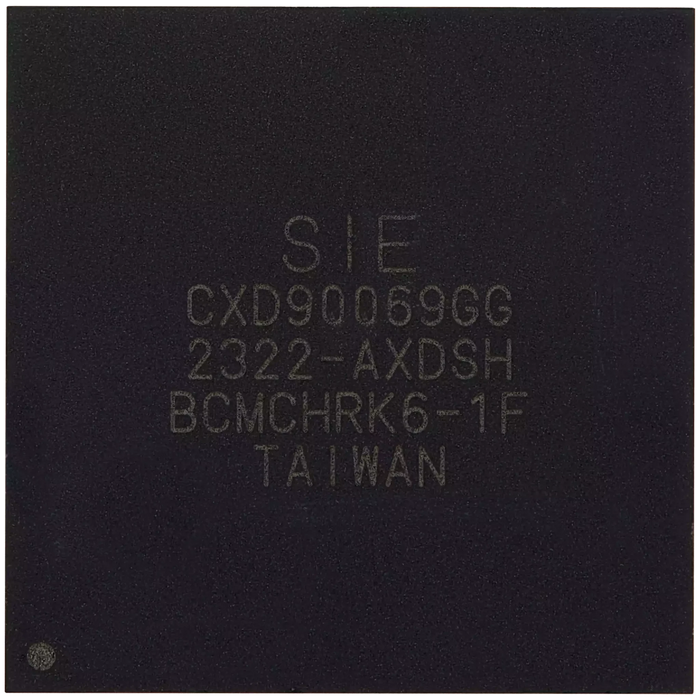 Macro view of the CXD90069GG identification marking on the chip