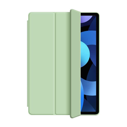 Green soft TPU leather iPad case demonstrating microfiber lining and PU leather exterior with precise camera cutouts fresh color