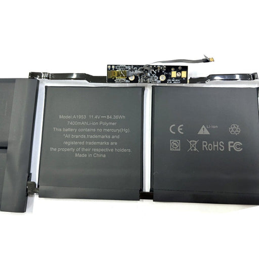MacBook Pro 15 inch A1990 battery compatibility chart showing Greencell A1953 7400mAh battery specifications voltage capacity warranty Brisbane