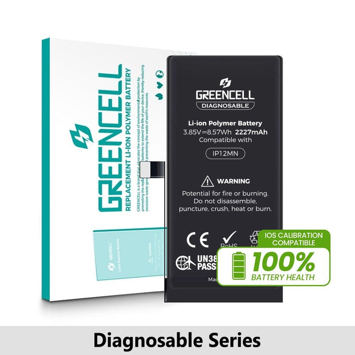 Greencell diagnosable iPhone 12 mini replacement battery 2227mAh featuring lithium polymer technology and pre-cut adhesive strips on white background