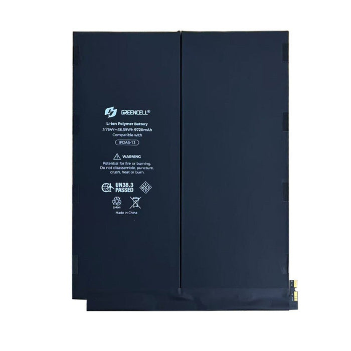 Close-up view of Greencell iPad Air 13 2024 battery technical specifications showing 9720mAh capacity, 3.77V voltage, CE ROHS certification labels, and professional grade lithium polymer construction details