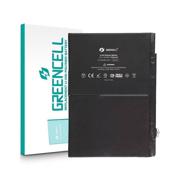 Greencell 7606mAh replacement battery for iPad Air 2020 A2324 showing original chip technology and adhesive strips installation kit