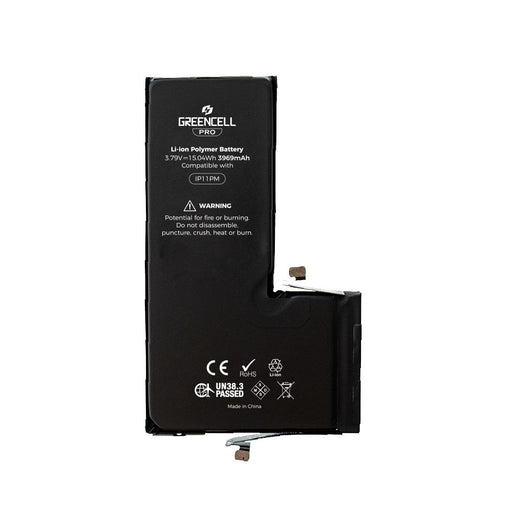 Greencell PRO iPhone 11 Pro Max battery showing lithium polymer construction 3.79V 15.04Wh with ROHS CE certification security protection Brisbane