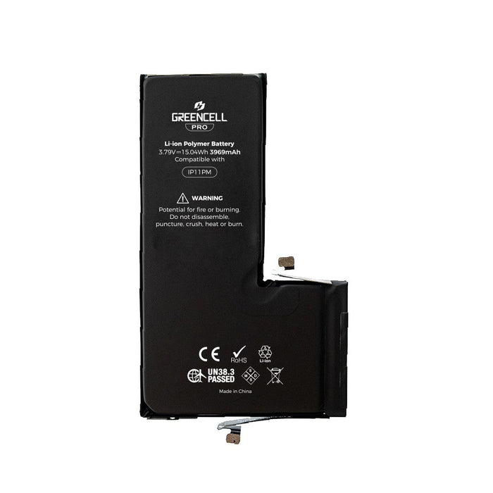 Greencell PRO iPhone 11 Pro Max battery showing lithium polymer construction 3.79V 15.04Wh with ROHS CE certification security protection Brisbane