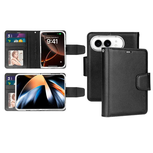 Black Hanman iPhone Duo wallet case opened to show card slots and ID window, alongside closed views