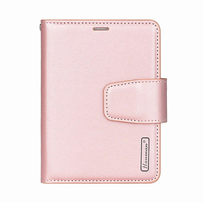 Closed rose gold Hanman iPhone Duo wallet case with magnetic flap and Hanman brand mark