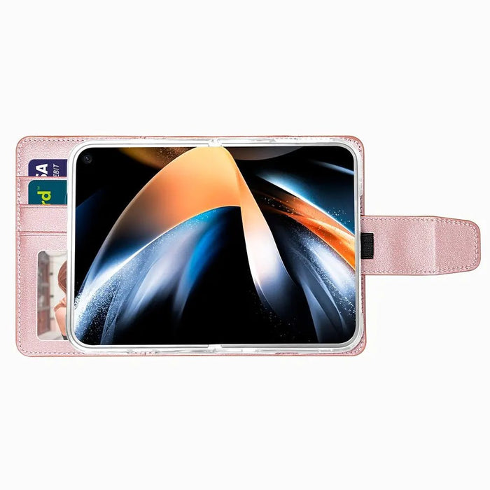 Open rose gold Hanman iPhone Duo wallet case with phone displayed in landscape position