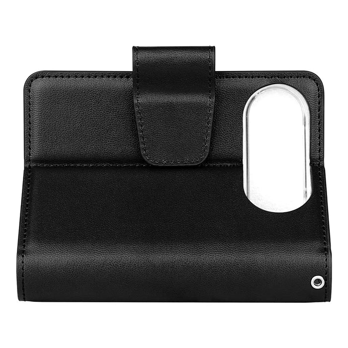Back of black Hanman iPhone Duo wallet case showing card pocket and clear ID window