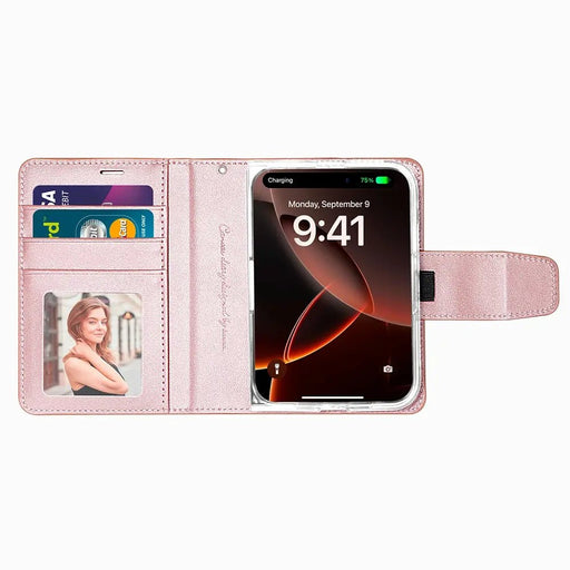 Open rose gold Hanman iPhone Duo wallet case with phone fitted in the outer-screen position