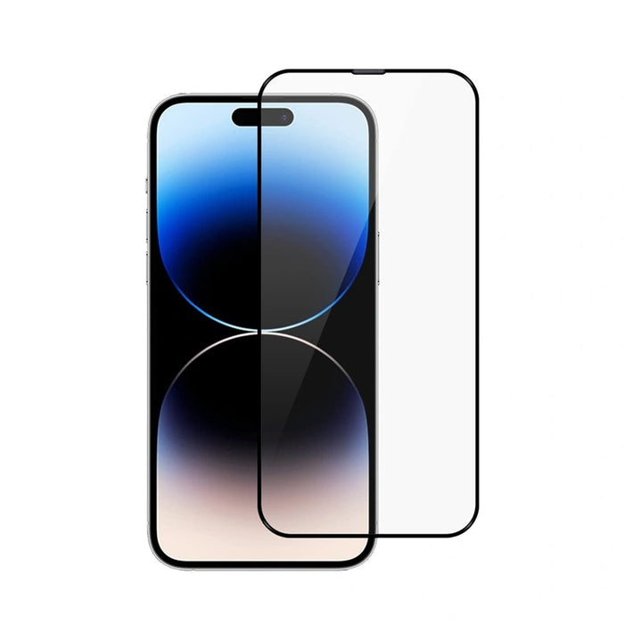 Black-edge tempered glass protector aligned over an iPhone display