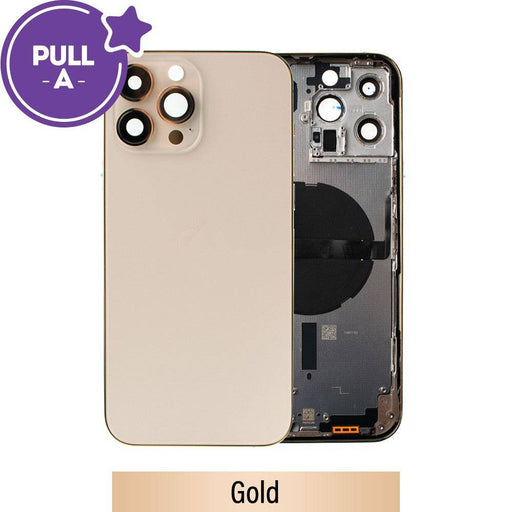 iPhone 13 Pro Max Gold rear housing replacement showing OEM back glass and frame assembly with small parts