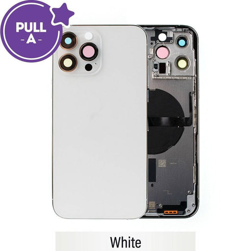 iPhone 13 Pro Max white rear housing replacement showing OEM back glass and frame assembly with small parts