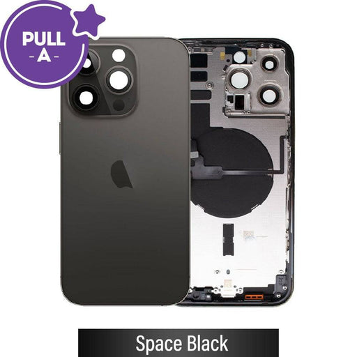 iPhone 14 Pro Max Space Black rear housing assembly showing complete back panel with authentic Apple logo and camera lens cutout