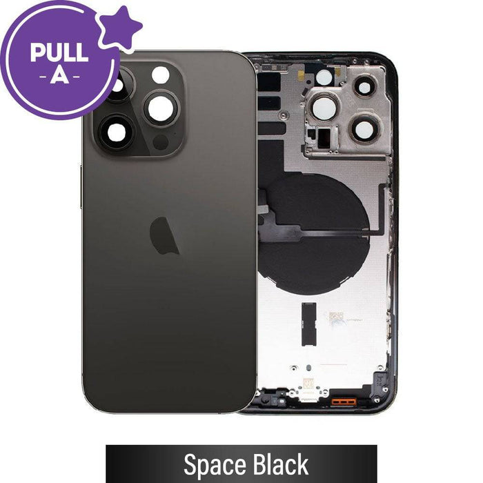 iPhone 14 Pro Max Space Black rear housing assembly showing complete back panel with authentic Apple logo and camera lens cutout