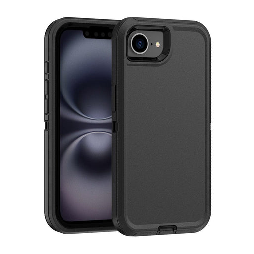 iPhone 16e robot kickstand case black with rotating belt holster and hard shell
