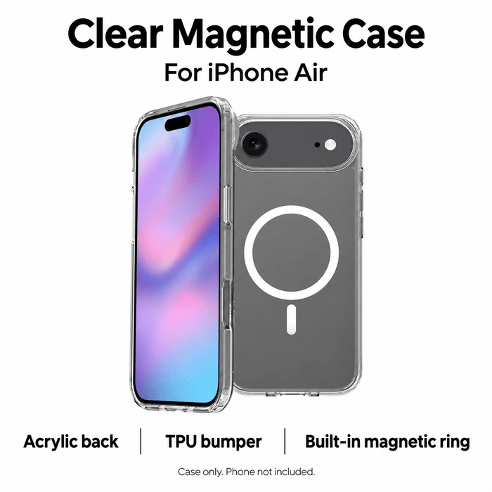 iPhone Air clear magnetic case showing its acrylic back, TPU bumper and built-in magnetic ring
