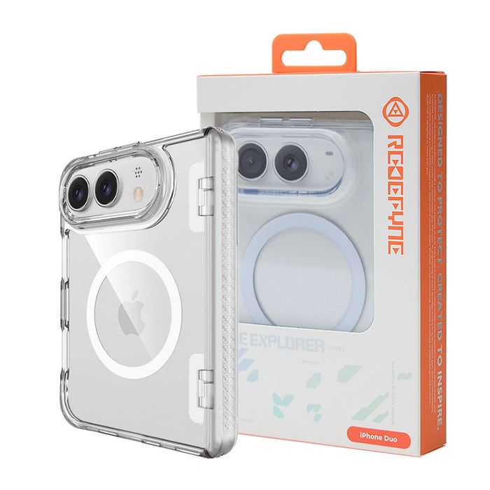 Clear magnetic-ring hinge-protective case for iPhone Duo shown with retail packaging