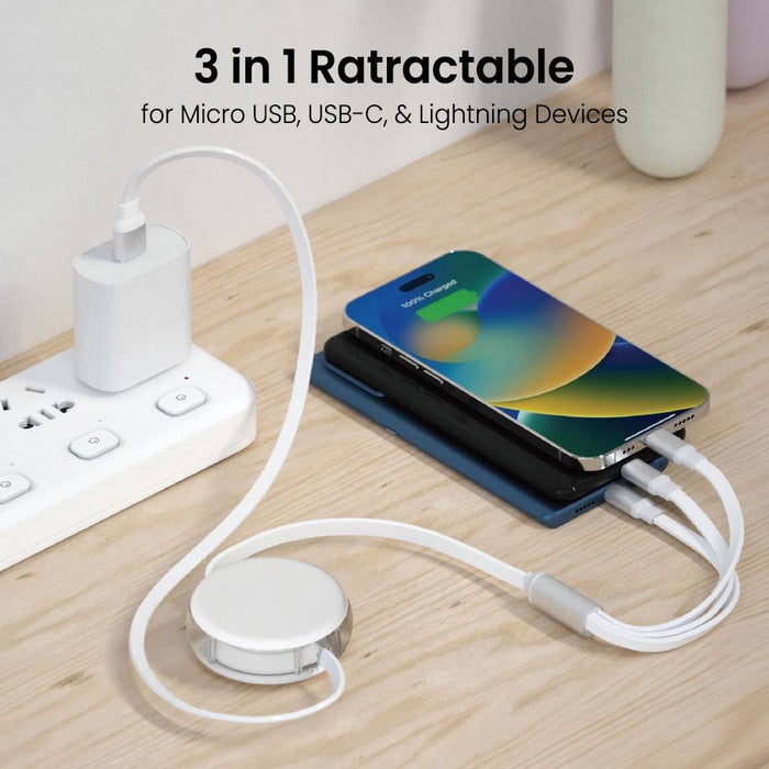 iQuick 3 in 1 Retractable Cable with fast charging support and 480Mbps data transfer.