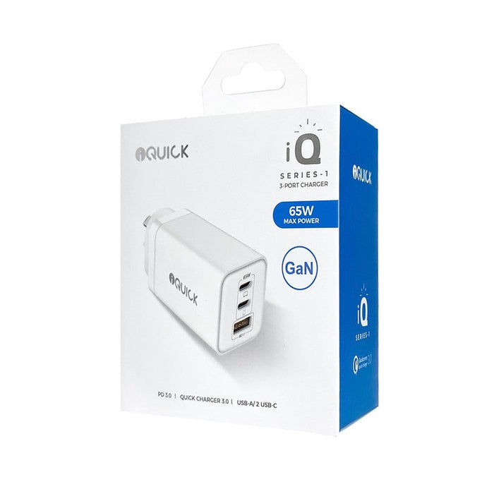 iQuick 65W dual port USB-C GaN charger simultaneous device charging white