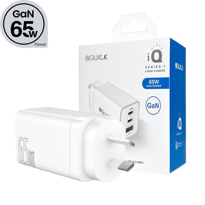 iQuick 65W USB-C dual port GaN charging adapter white S-TR-259AU