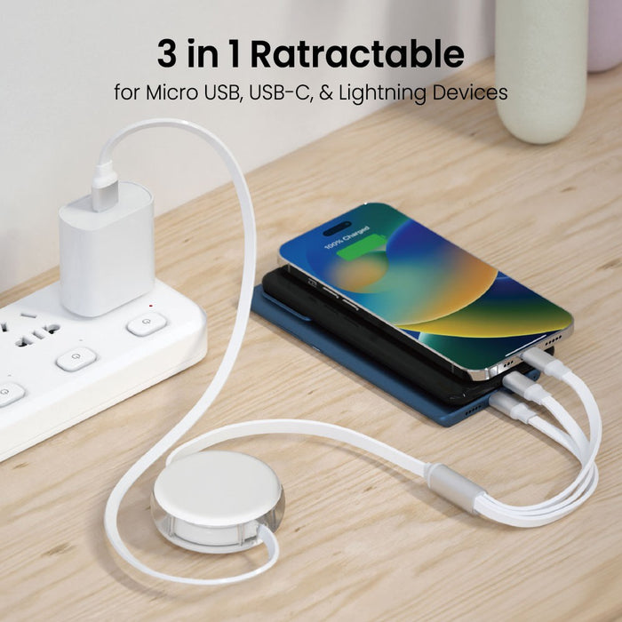iQuick 3 in 1 Retractable Fast Charge & Date Sync Cable IQTC2301 1.2m-White