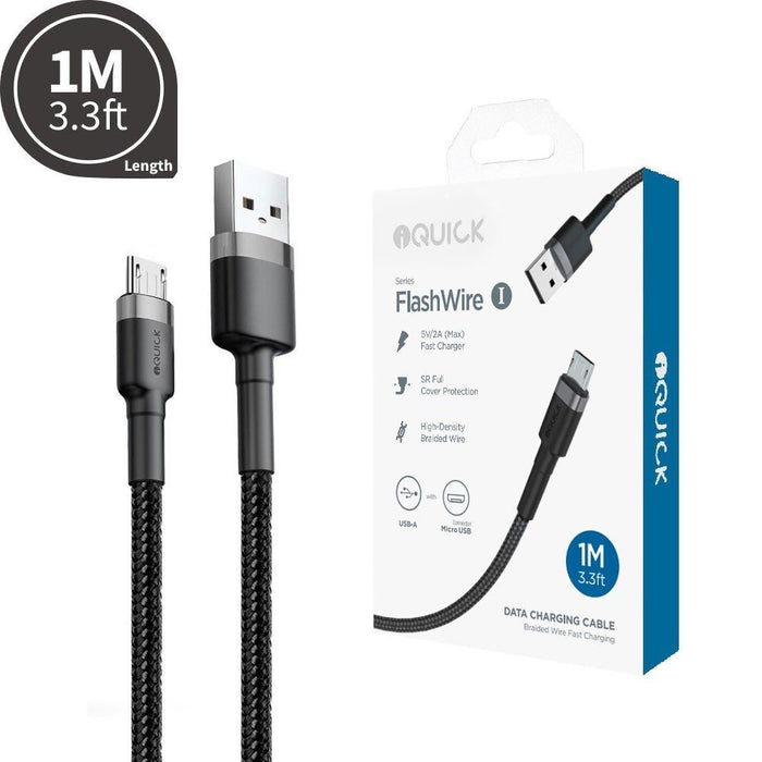 iQuick Braided Micro USB Cable 1M 2A Fast Charging 480Mbps Data Transfer Black Micro USB JPC MOBILE ACCESSORIES