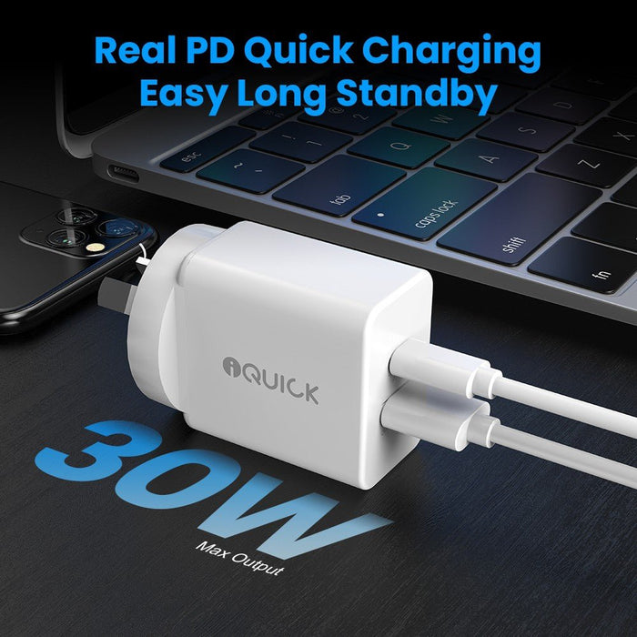 iQuick GaN charger 30W max output power delivery PD 3.0 fast charging for MacBook iPhone laptop phone