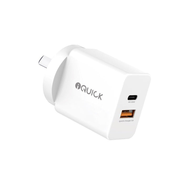 iQuick 30W dual port wall charger angled view showing USB-C PD 30W port and USB-A QC 3.0 port white