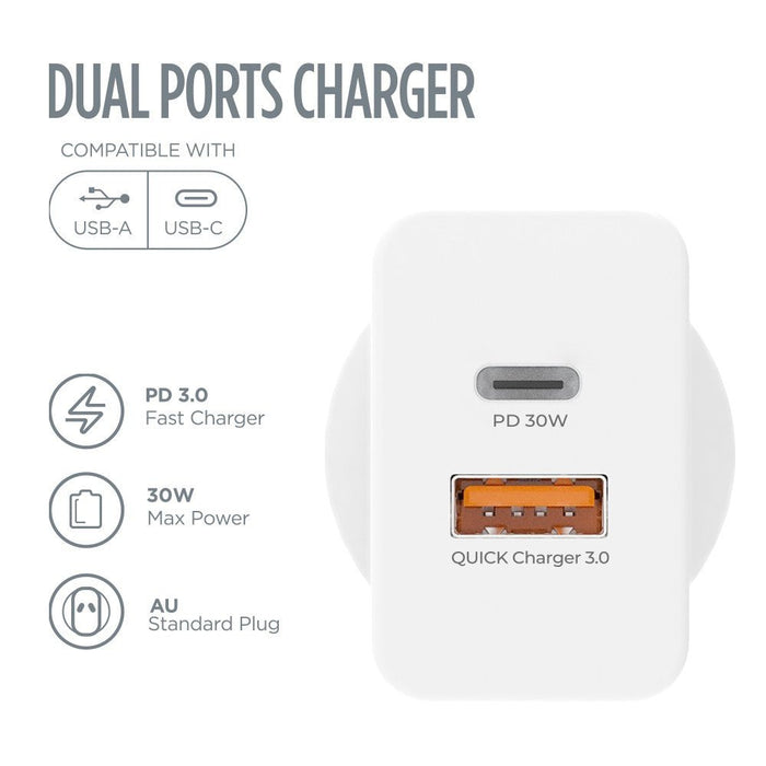 iQuick 30W charger specifications PD 3.0 fast charger QC 3.0 dual ports USB-C USB-A Australian standard plug