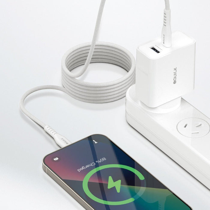 iQuick MagWire 1 white magnetic USB-C cable charging iPhone 15 with fast charging setup showing power adapter and self-winding technology, Brisbane Australia
