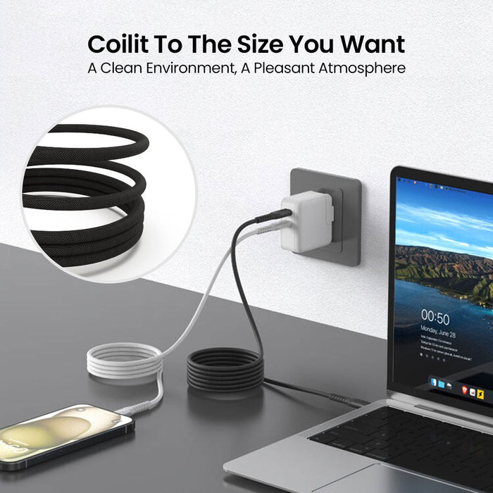 iQuick MagWire 1 magnetic self-winding cable organization feature showing "Coilit To The Size You Want" for clean desk setup and cable management, Brisbane Australia