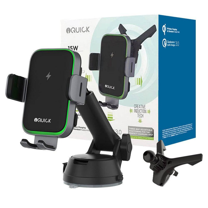 iQuick RX3 15W wireless charging car holder black with universal suction base and air vent clip JPC Mobile