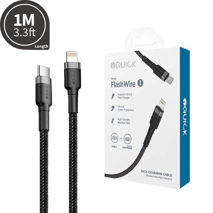 iQuick USB-C to Lightning cable 1m black braided – 20W fast charge