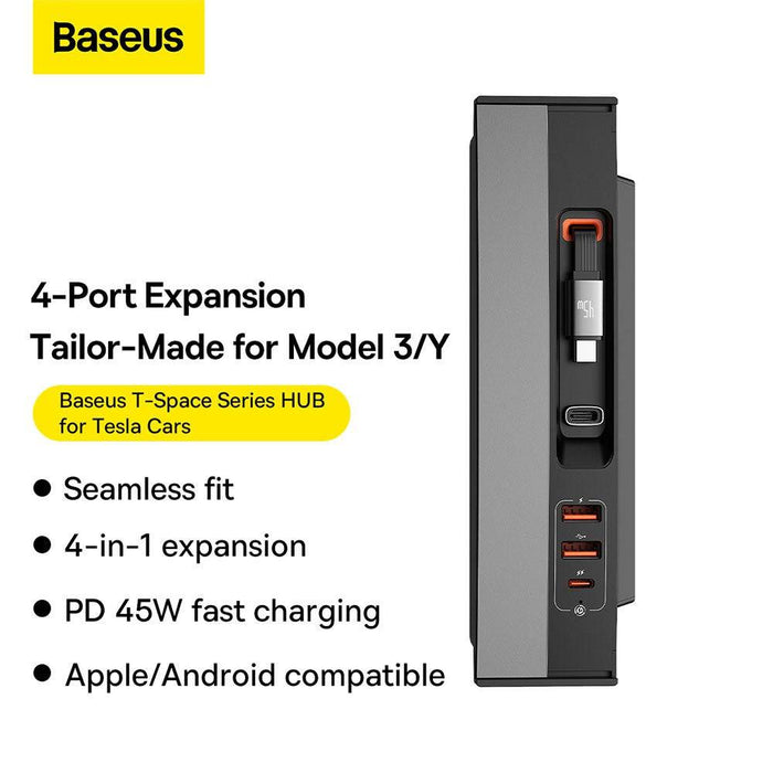 Baseus T-Space Series HUB for Tesla Cars (With a retractable 45W type-C cable)-Cluster Black - JPC MOBILE ACCESSORIES