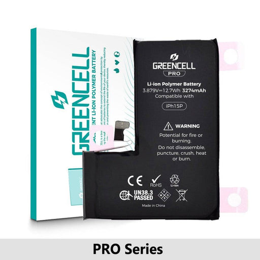 iPhone 15 Pro Battery Replacement by Greencell with 3274mAh capacity