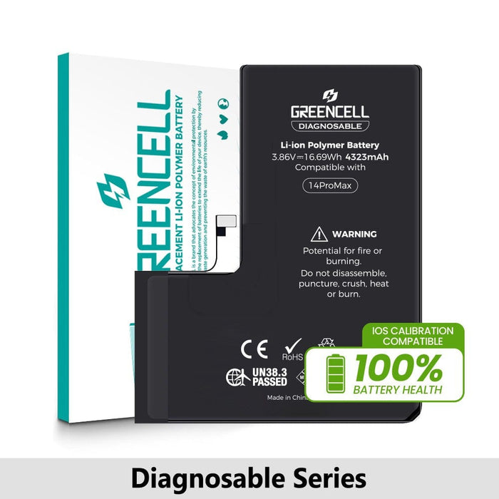 Greencell iPhone 14 Pro Max replacement battery with adhesive strips shown front and back