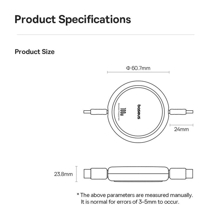 Baseus Free2Draw Mini Retractable Charging Cable Type-C to Type-C 100W 1m Compatible for iPhone 15 Series