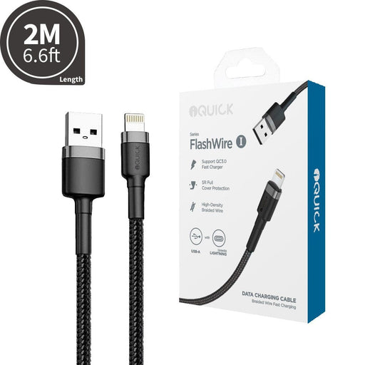 iQuick Braided Lightning to USB-A Fast Charging Cable 2M Black QC3.0 main product shot