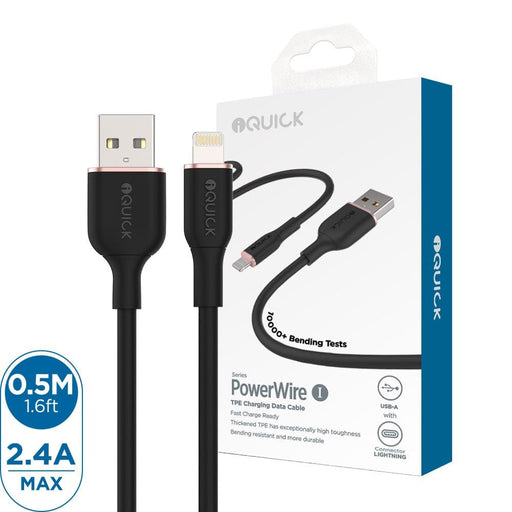 iQuick PowerWire 1 Series TPE Charging Cable USB to Lightning 0.5m Black White variants main product shot