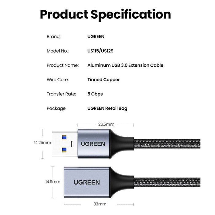 UGREEN US115 USB 3.0 Extension Cable USB (Male) - USB (Female) 2m-Black