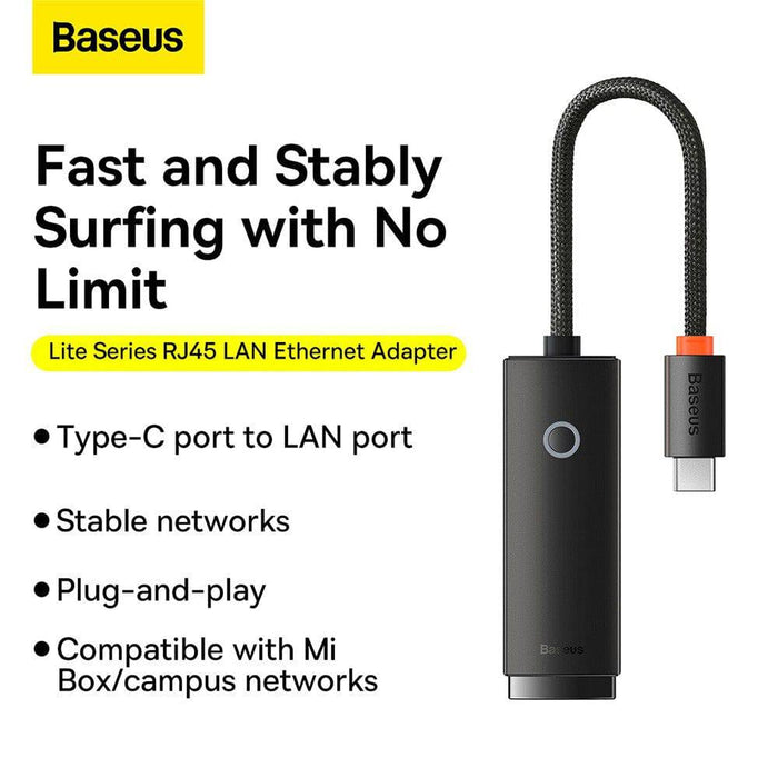 Baseus Lite Series Ethernet Adapter Type-C to RJ45 LAN Port 100Mbps-Black - JPC MOBILE ACCESSORIES