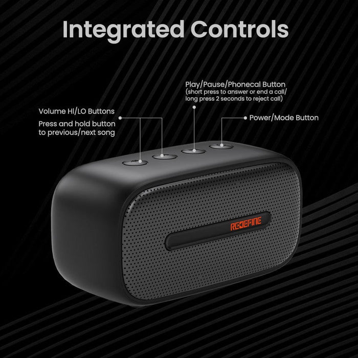 REDEFINE PDCKET Live Bluetooth Speaker showing easy-to-use controls and power button.