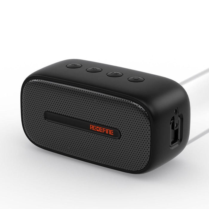 Close-up view of REDEFINE PDCKET Live Bluetooth Portable Speaker showing Bluetooth 5.3 technology.