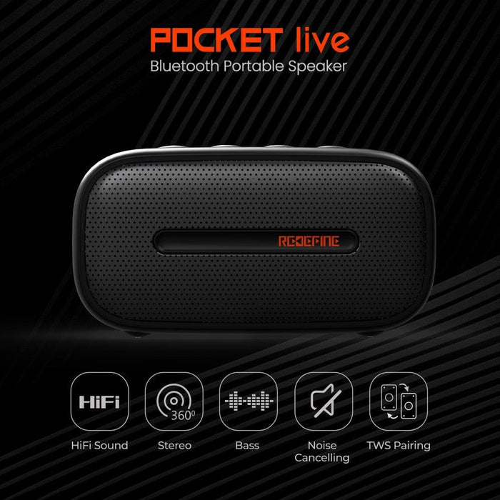 REDEFINE PDCKET Live Bluetooth Portable Speaker with 8 hours of continuous battery life.
