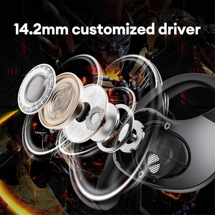 Transformers TF-T07 earbuds showcasing their noise-resistant microphone for clear calls.