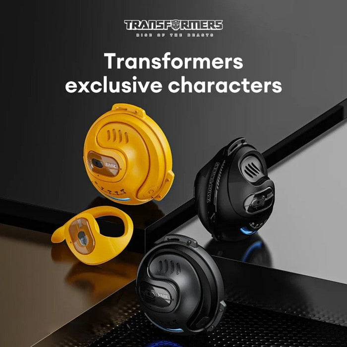 Close-up of Transformers TF-T07 earbuds showing the ergonomic ear hook design for comfort.