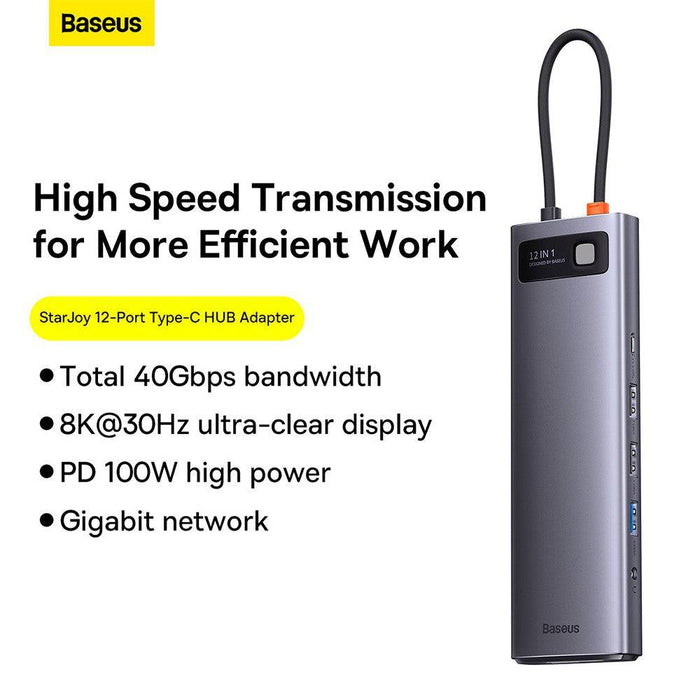 Baseus Metal Gleam Series 12 - in - 1 Multifunctional Type - C HUB Docking Station (Type - C to HDMI*1+USB3.1*2+USB3.0*2+Type - C3.1*1+PD*1+RJ45*1+SD/TF*1+DP*1+3.5mm*1) - Gray - JPC MOBILE ACCESSORIES