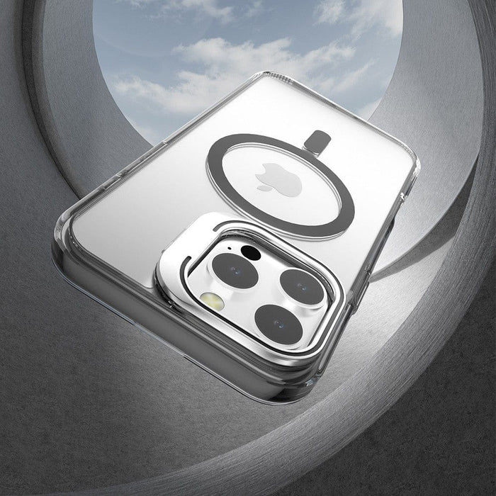 REDEFINE Lens Flip Stand Transparent Case showing MagSafe compatibility for iPhone 16 Pro Max
